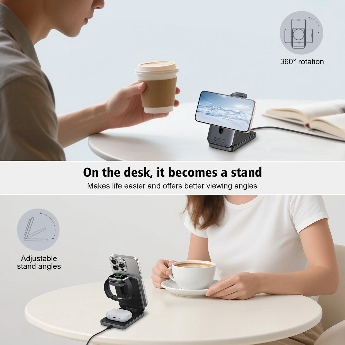 3-in-1 Foldable Magnetic Wireless Charger  for a Watch,AirPods and phone Charging Stand
