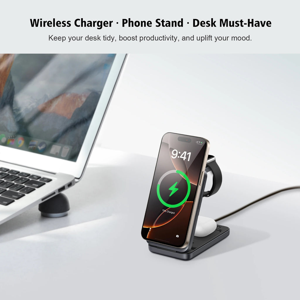 3-in-1 Foldable Magnetic Wireless Charger  for a Watch,AirPods and phone Charging Stand